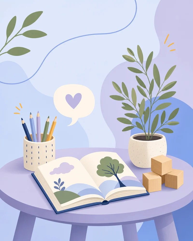 Ilustración creada con IA: una mesa con un libro abierto, lápices de colores, una planta y un globo de diálogo con un corazón